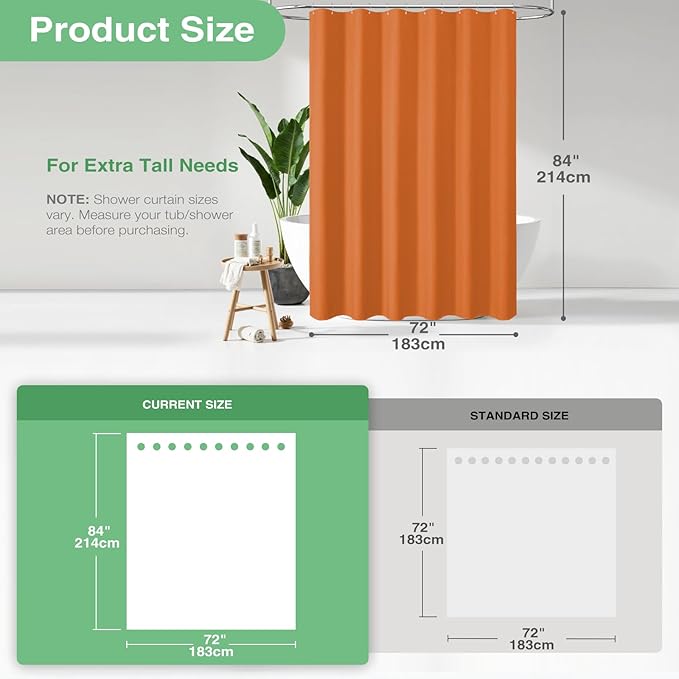 Dynamene Extra Long Shower Curtain - 84 Inch Long Waffle Weave Heavy Duty Fabric Bathroom Shower Curtain, Neutral Weighted Hotel Thick Bath Curtain Set with 12 Plastic Hooks,72x84, Burnt Orange