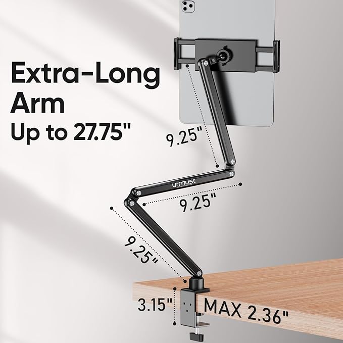 Urmust Tablet Stand for Desk, Adjustable iPad Holder Clamp Mount, 360° Rotation, Sturdy Aluminum Tablet Arm Mount for 4.7"-15.6" iPad Pro/Air/Mini, iPhone, Galaxy Tab, for Kitchen, Work, Video Call