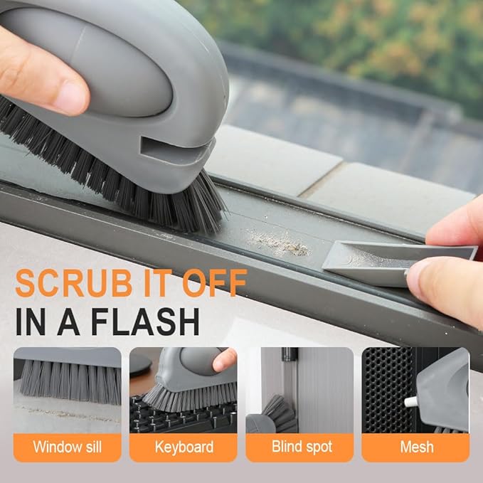 2 in 1 Groove Cleaning Brush with Air-Blowing, Window Track Cleaning Tools, Multifunction Window Track Cleaner with Hard Bristle Scraper, Crevice Brush for Sliding Door Track, Window Seal, Sill (2PC)