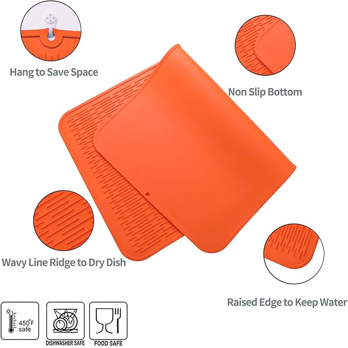 Silicone Dish Drying Mat for Multiple Usage,Easy clean,Eco-friendly,Heat-resistant Silicone Mat for Kitchen Counter or Sink,Refrigerator or Drawer Liner Orange 3XL 28 inches x 18 inches