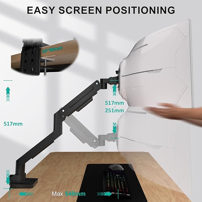 WALI Ultrawide Monitor Arm for 13-49 Inch Heavy Duty Curved Screens, Holds up to 44 Lbs, Adjustable Gas Spring Single Monitor Desk Mount with C-Clamp, Grommet Base, 75/100mm VESA, (GSM001XL), Black