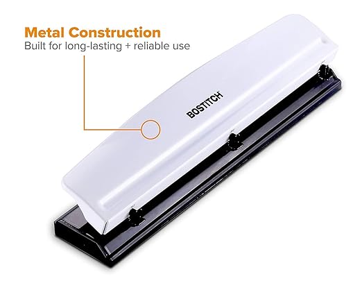 Bostitch Office Premium 3 Hole Punch, 12 Sheet Capacity, Metal, Rubber Base, Easy-Clean Tray, White (KT-HP12-WHITE)