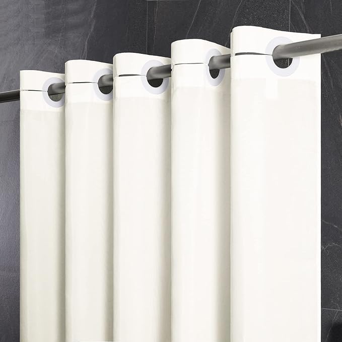 Extra Wide No Hook Shower Curtain,96 Inch Width Beige Fabric Shower Curtains with 12 Plastic Built-in Hooks,Waterproof & Machine Washable Hotel Style for Bathroom,96x72 Inch