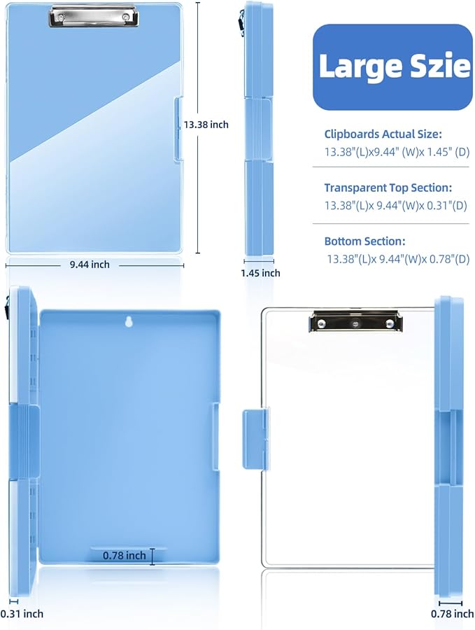 Clearview Clipboard with 2 Storage, Dry Erase 8.5x11 Heavy Duty ClipBoards - High Capacity Coaches Clip Board with Pen Holder - Side Opening Plastic Nursing Clip Case - Aqua Blue