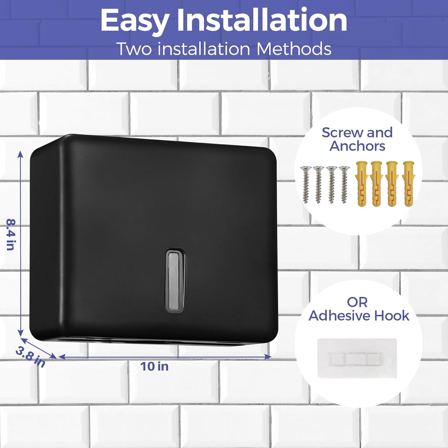 Multifold Paper Towel Dispenser Wall Mount (Black) – Large Capacity C-Fold, Trifold, and Folded Commercial Hand Towels Holder for Bathroom & Restroom – Adhesive or Screw Mounted