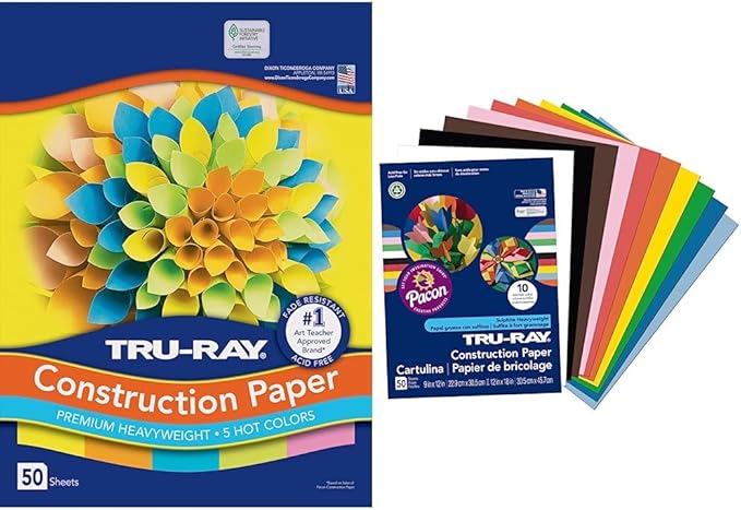 Tru-Ray Heavyweight Construction Paper, Hot Assorted Colors, 9" x 12", 50 Sheets & Construction Paper P103031, 10 Classic Colors, 9" x 12", 50 Sheets