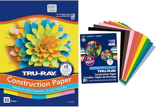 Tru-Ray Heavyweight Construction Paper, Hot Assorted Colors, 9" x 12", 50 Sheets & Construction Paper P103031, 10 Classic Colors, 9" x 12", 50 Sheets