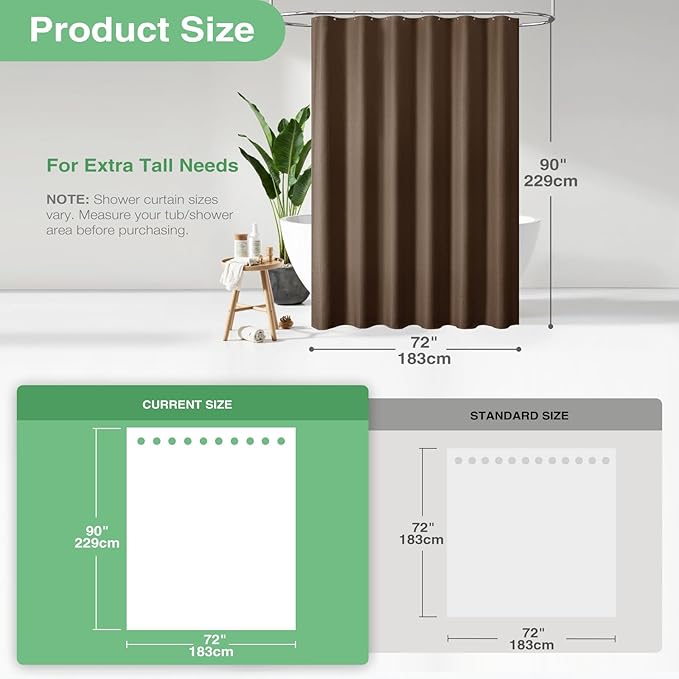 Dynamene Extra Long Fabric Shower Curtain - Waffle Weave 90 Inches Long Heavy Duty Cloth Shower Curtains for Bathroom, 256GSM Tall Hotel Luxury Bath Curtain Set with 12 Plastic Hooks, Brown