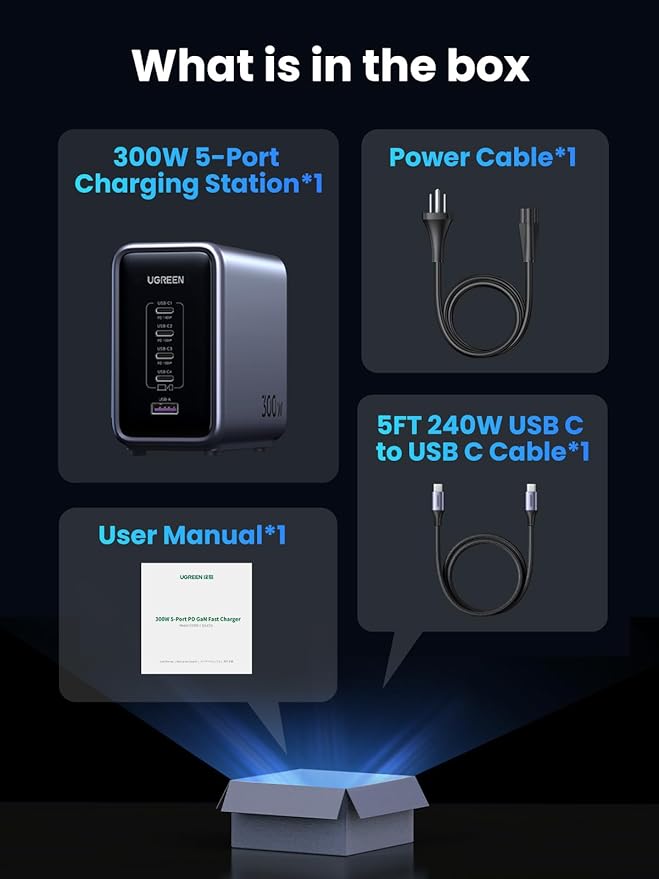 UGREEN Nexode 300W GaN Charging Station, 5-Port 140W Max Desktop Charger Compatible with MacBook Pro/Air, Dell XPS, iPhone 17/16/15 Series, Galaxy S25/S24, Pixel 10/9, iPad Air/Pro, Steam Deck