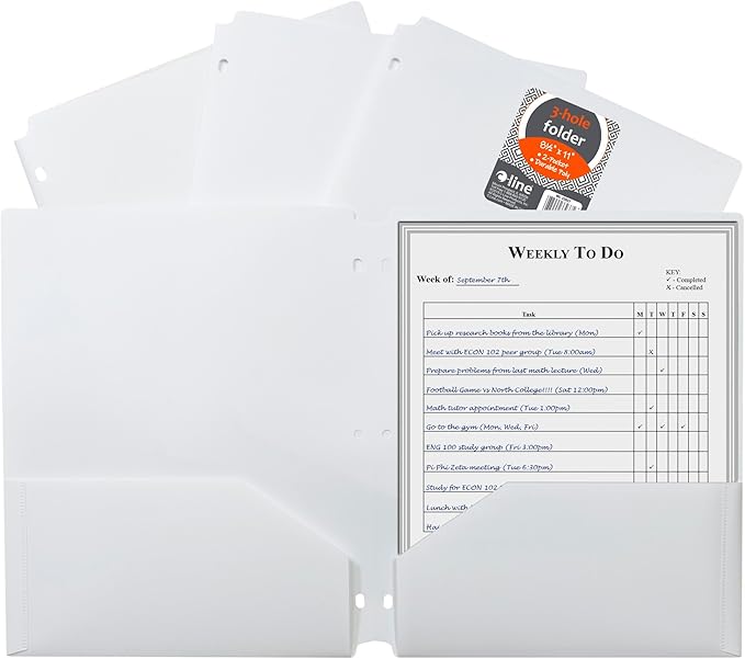 C-Line Two-Pocket Heavyweight 3-Hole Punch Poly Folder, White, Pack of 1