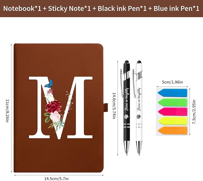 Premium Hardcover Executive Notebook and Pen Set - A5 Journal Notebook 192 Line Pages, 2 Smooth-Writing Ballpoint Pens, Arrow Sticky Notes - For Office & School Supplies Letter L Floral Design Brown