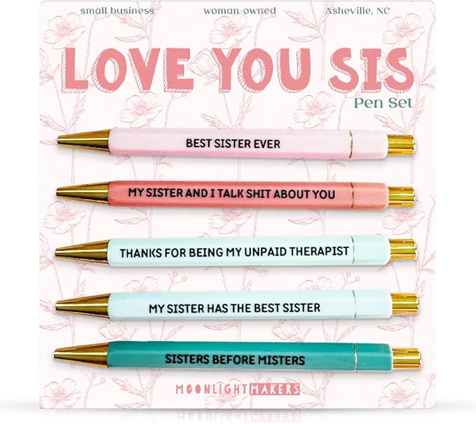 Moonlight Makers Funny Pens and Notepad Stationery Set - Set of 5 Love You Sis Engraved Ballpoint Pens with Black Ink, To Do Or Not To Do Notepad, Cute Desk Supplies & Funny Work Gifts for Women