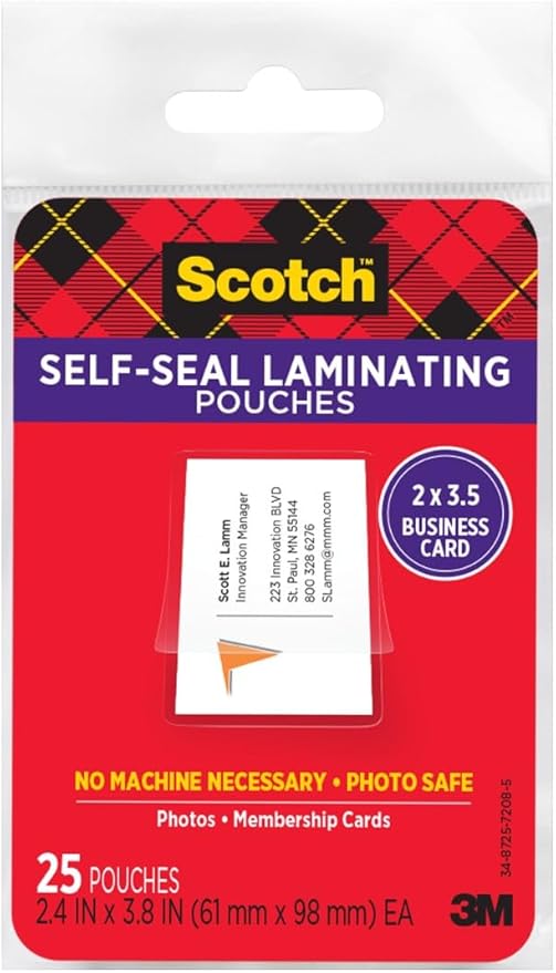 Scotch Self-Sealing Laminating Pouches, 2 in x 3.5 in Business Card Size, Great for Gift Tags, 25-Pack