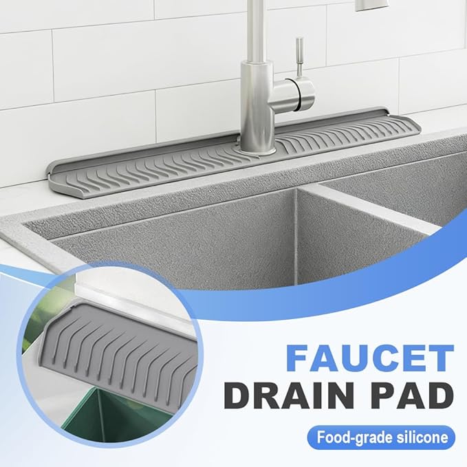 Kitchen Sink Faucet Mat, 2025 New Foldable Faucet Mat for Kitchen Sink, 30in Silicone Faucet Guard & Draining Mat Keep Countertops Dry Splash Guard (Gray, 30in)