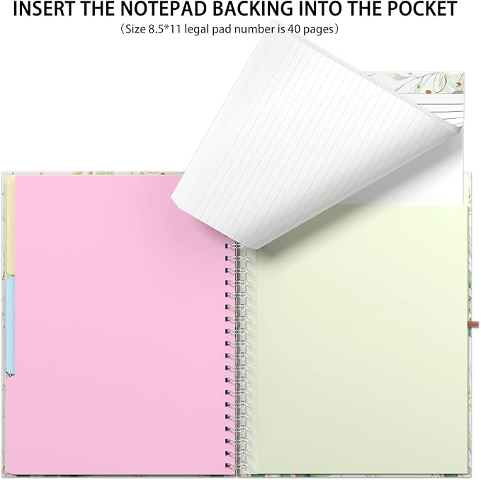 Rimilak Spiral Clipboard Folio with Refillable Lined Notepad, 14.5 x 9.8 In, Hardcover Cover with 5 Interior Pockets, Elastic Band and Pen Loop Series. Cute Stylish Clipfolio, Bohe Leaves