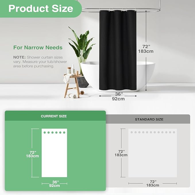 Dynamene Stall Black Fabric Shower Curtain - Waffle Textured Small Heavy Duty Cloth Shower Curtains for Bathroom, 256GSM Narrow Hotel Spa Luxury Bath Curtain Set with 6 Plastic Hooks(36Wx72H, Black)