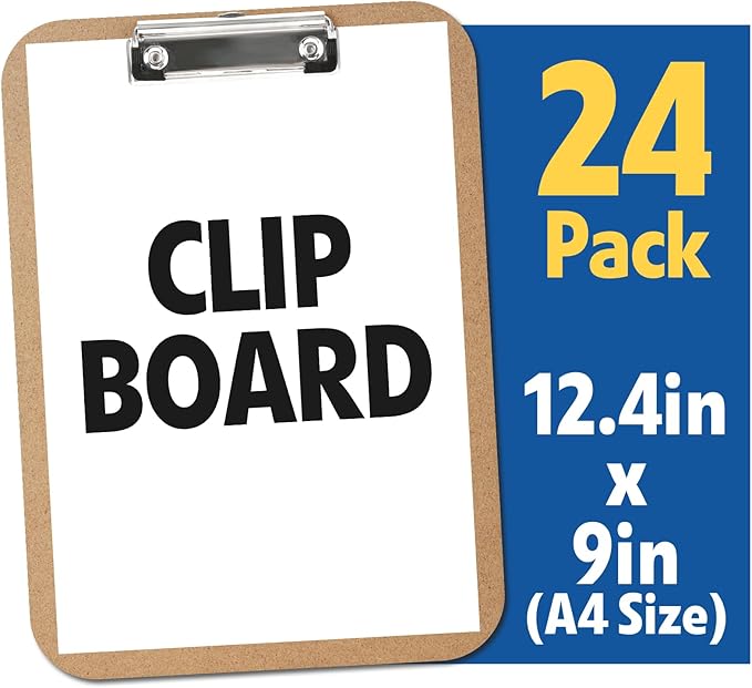 24 Pack Clipboards Bulk, Clip Boards 8.5x11 Standard Letter Size, Clipboards for Classroom, Wooden Clipboard, Hardboard Office Clipboard, Classroom Supplies