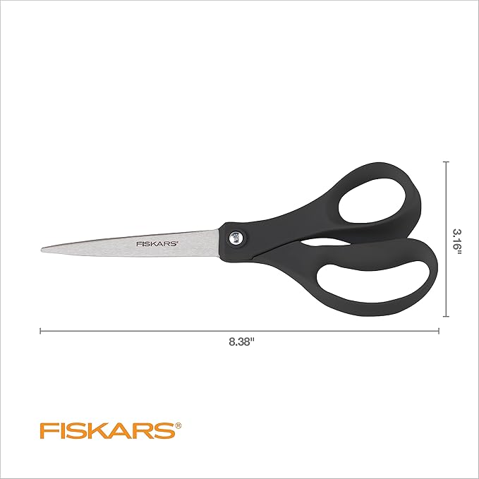 Fiskars 8” Everyday Stainless Steel Scissors (1-Pack) with Ergonomic Handles, Home & Office Scissors for Cutting Paper, Cardboard, Photos and More, Gray