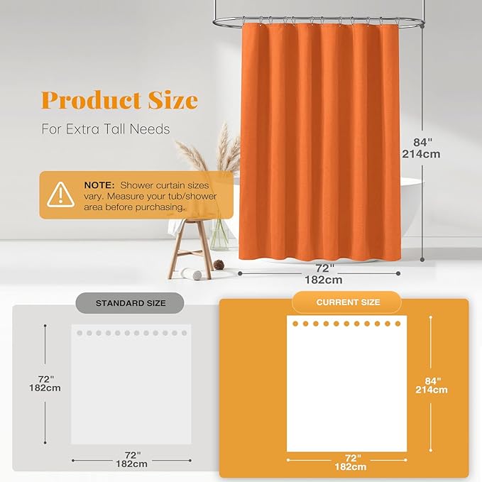 BTTN Extra Long Shower Curtain, 72x84 Inches Long Linen Textured Heavy Duty Fabric Shower Curtain Set with 12 Plastic Hooks, Tall Luxury Simple Waterproof Cloth Shower Curtains for Bathroom - Orange