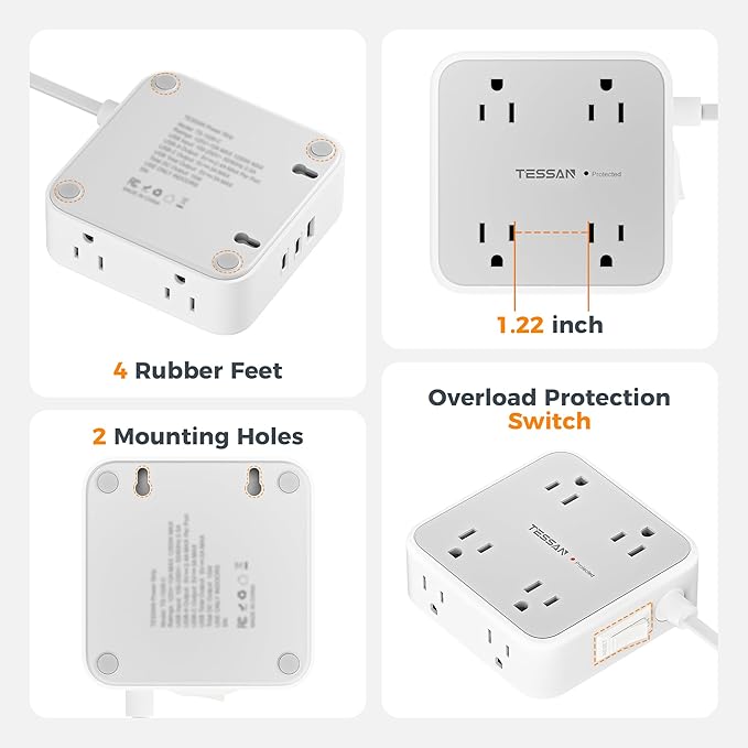 Surge Protector Power Strip, TESSAN Flat Plug Extension Cord with Multiple Outlets, 8 AC Outlets, 3 USB Ports(2 USB C), 5 Ft, 900 Joules Protection, 3-Sided Charging Station for Home Office Dorm Room