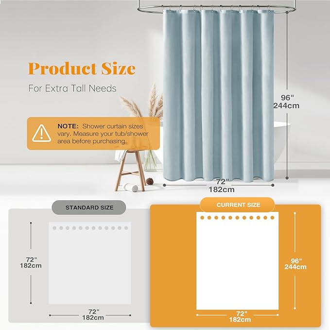BTTN Extra Long Shower Curtain - 72x96 Inch Long Linen Textured Heavy Duty Fabric Shower Curtain Set with 12 Plastic Hooks, Tall Decorative Neutral Waterproof Shower Curtains for Bathroom, Fog Blue