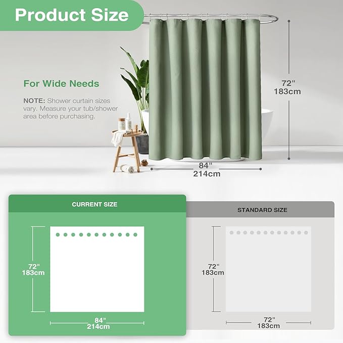 Dynamene Extra Wide Shower Curtain - 84 Inch Wide Waffle Weave Weighted Thick Cloth Bathroom Shower Curtain, Neutral Heavy Duty Hotel Bath Curtain Set with 14 Plastic Hooks, 84x72, Sage Green