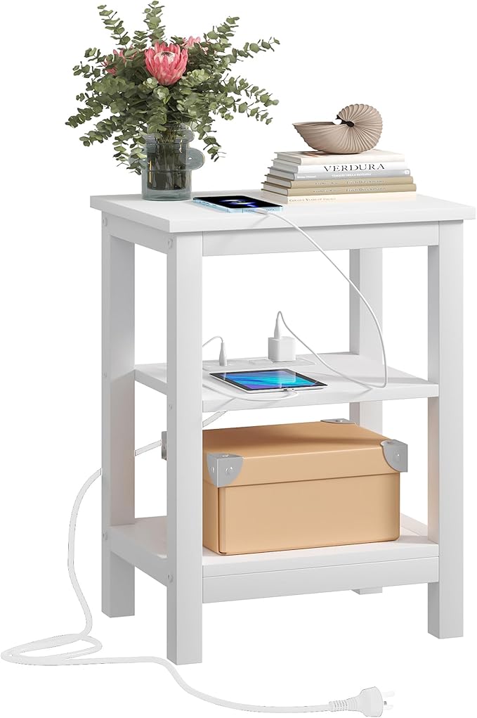 VECELO Modern Nightstands with Charging Station,Side End Table Night Stand with Storage Shelf for Small Spaces, Bedroom,Living Room