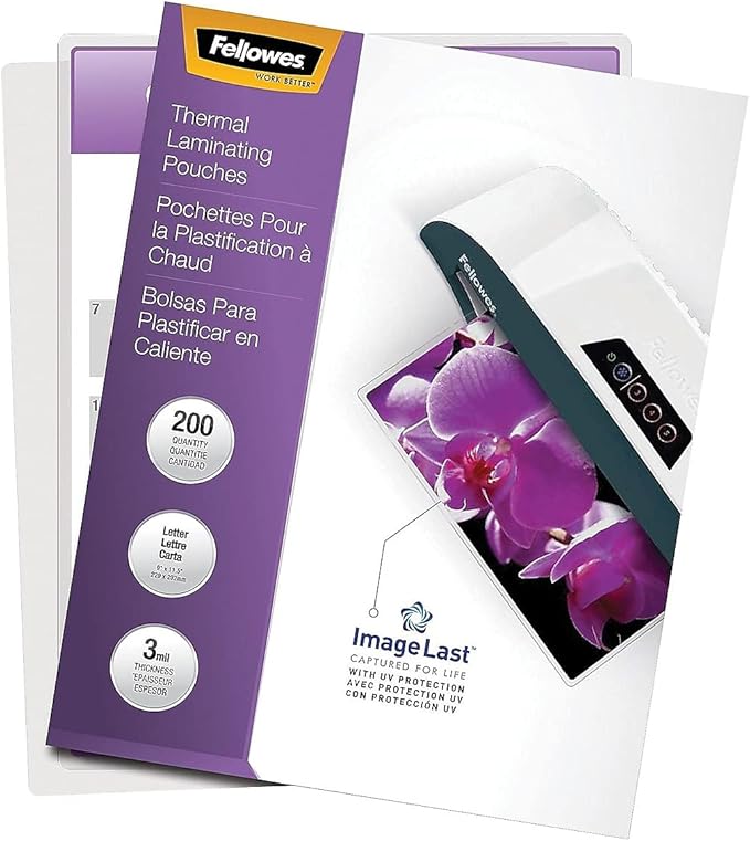 Fellowes Thermal Laminating Pouches, ImageLast, Jam Free Letter Size, 3 Mil, 200 Pack (5244101)