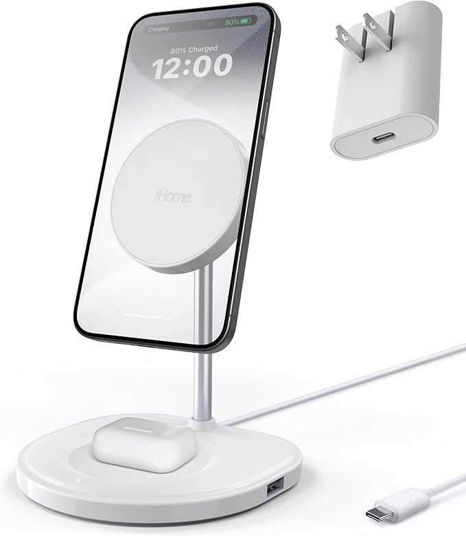 iHome Magnetic Charging Stand, 15W Wireless Charger for iPhone, Apple Watch & AirPods (3-in-1)