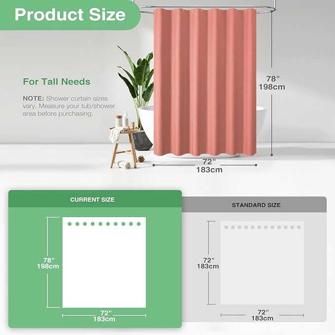 Dynamene Long Fabric Shower Curtain - 78 inch Long Waffle Weave Weighted Cloth Shower Curtains for Bathroom, Neutral Heavy Duty Hotel Spa Luxury Bath Curtain Set with 12 Hooks, 72x78, Coral