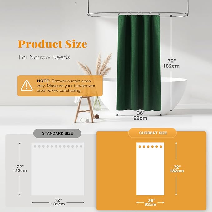 BTTN Stall Fabric Shower Curtain - 36x72 Inch Narrow Linen Textured Heavy Duty Shower Curtain Set with 6 Plastic Hooks, Hotel Luxury Half Waterproof Neutral Bath Curtains for Bathroom - Emerald Green