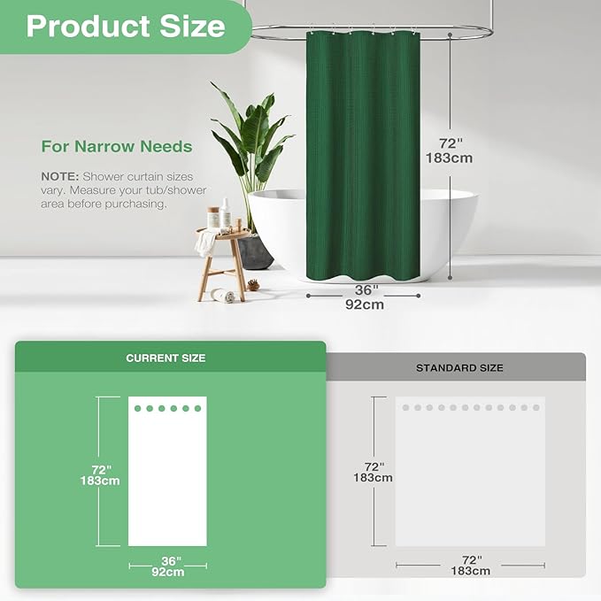 Dynamene Stall Fabric Shower Curtain - 36x72 Waffle Weave Weighted Cloth Shower Curtains for Bathroom, Neutral Heavy Duty Hotel Spa Luxury Bath Curtain Set with 6 Plastic Hooks, Dark Green