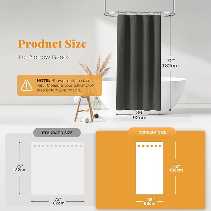 BTTN Stall Fabric Shower Curtain - 36x72 Inch Narrow Linen Cloth Heavy Duty Shower Curtain Set with 6 Plastic Hooks, Hotel Spa Luxury Half Waterproof Neutral Bath Curtains for Bathroom - Charcoal Grey