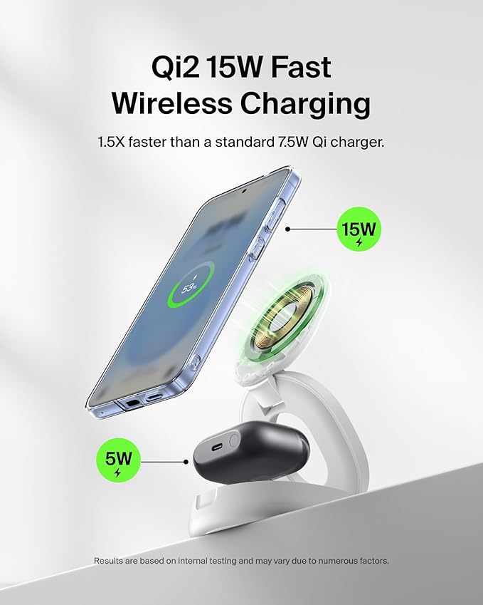 Belkin MagSafe Charger Compatible, 2-in-1 Qi2 Wireless Charging Station 15W, Convertible Charger for iPhone 17, Apple Watch, AirPods, Pixel 10, Portable Phone Stand for Travel w/ 30W Adapter - White