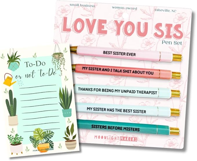 Moonlight Makers Funny Pens and Notepad Stationery Set - Set of 5 Love You Sis Engraved Ballpoint Pens with Black Ink, To Do Or Not To Do Notepad, Cute Desk Supplies & Funny Work Gifts for Women
