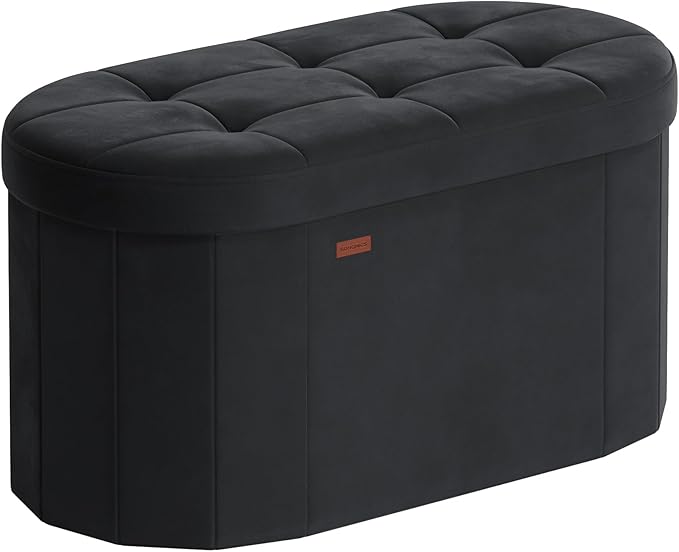 SONGMICS Mazie Collection - Folding Ottoman with Storage, Oval Storage Ottoman Bench, for Living Room, Bedroom, Velvet Fabric, 15 x 30 x 15 Inches, Ink Black ULSF267BH01