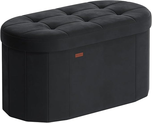 SONGMICS Mazie Collection - Folding Ottoman with Storage, Oval Storage Ottoman Bench, for Living Room, Bedroom, Velvet Fabric, 15 x 30 x 15 Inches, Ink Black ULSF267BH01