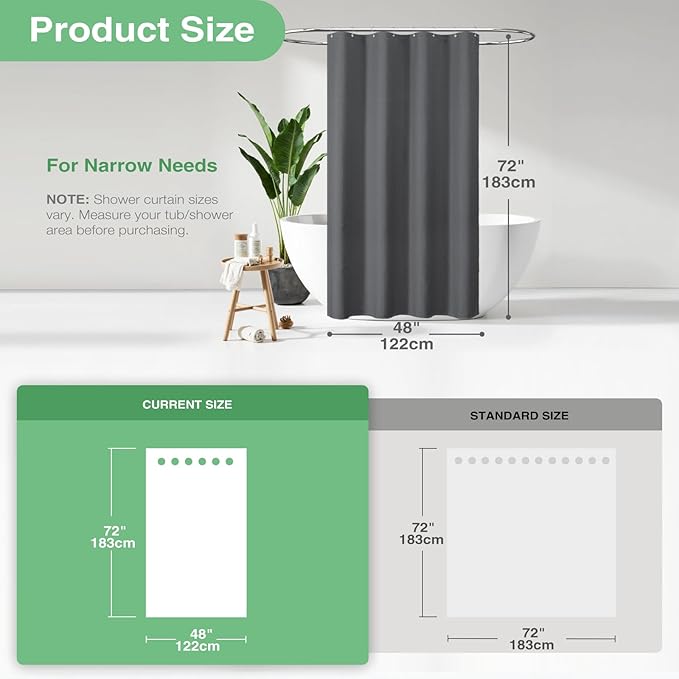 Dynamene Stall Fabric Shower Curtain, 48 inch Wide Waffle Weave Weighted Thick Cloth Shower Curtain for Bathroom, Neutral Heavy Duty Hotel Spa Luxury Bath Curtain Set, 8 Hooks, 48x72, Charcoal Grey
