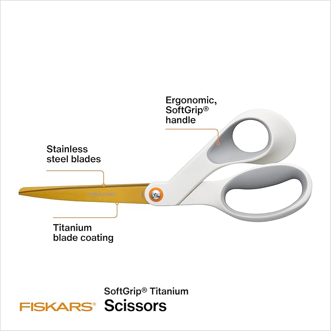Fiskars SoftGrip Titanium Scissors, Stainless Steel Blades for Paper Crafting and Ergonomic Handle for Comfort and Control in Cutting Tasks, White