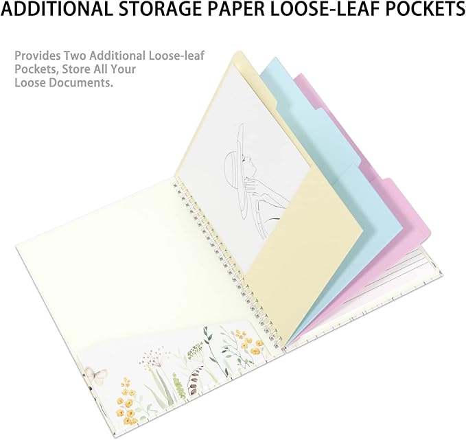 Rimilak Spiral Clipboard Folio with Refillable Lined Notepad, 14.5 x 9.8 In, Hardcover Cover with 5 Interior Pockets, Elastic Band and Pen Loop Series. Cute Stylish Clipfolio, Butterfly Flower