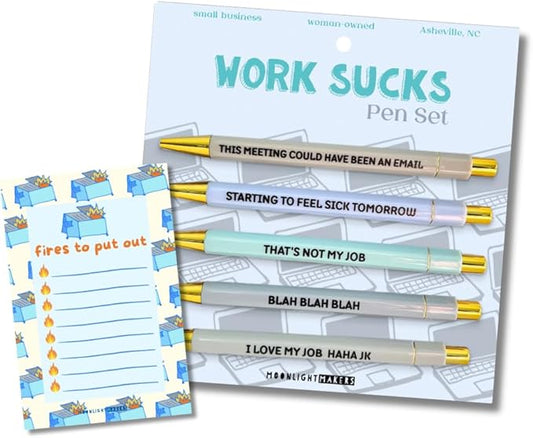 Moonlight Makers Funny Pens and Notepad Stationery Set - Set of 5 Work Sucks Engraved Ballpoint Pens with Black Ink, Fires To Put Out Notepad, Cute Desk Supplies & Funny Work Gifts for Women