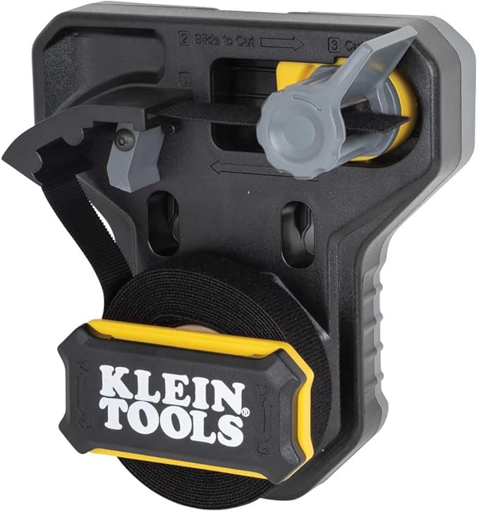 Klein Tools 450-900 Cable Management, Hook & Loop Dispenser with 12-Foot x 3/4-Inch Tape Roll, Cuts Custom Length Hook & Loop Strips, Black