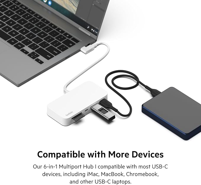 Belkin USB-C 6-in-1 Multiport Hub with Mount, USB-C Docking Station with MicroSD Card Reader, Powered USB Hub, Compatible with MacBook, Chromebook, iMac, PC, and Other USB-C Devices - White