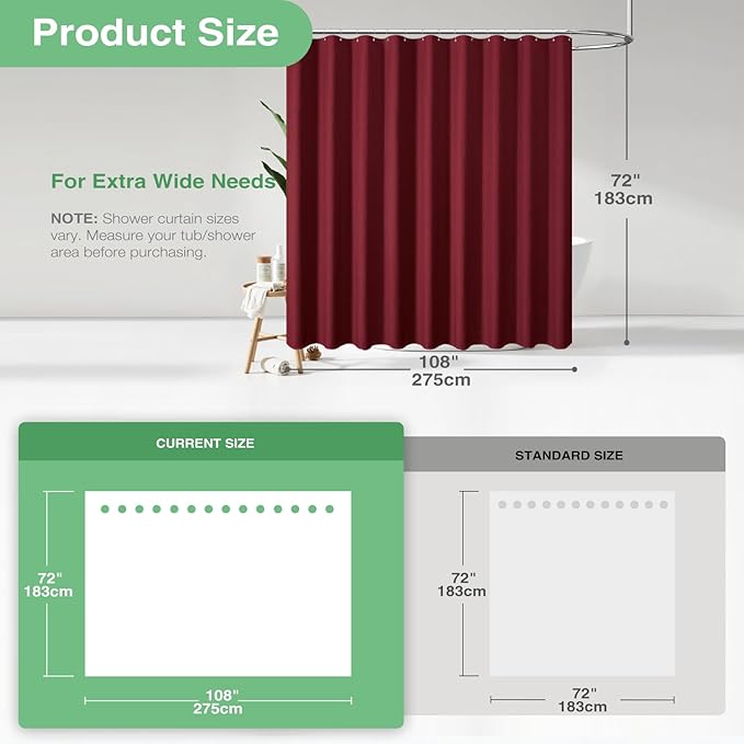 Dynamene Extra Wide Shower Curtain - 108 Inch Wide Waffle Weave Weighted Thick Cloth Bathroom Shower Curtain, Neutral Heavy Duty Hotel Bath Curtain Set with 18 Plastic Hooks, 108x72, Burgundy