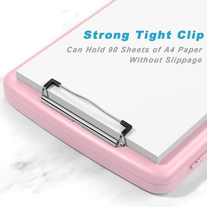 Rimilak Plastic Clipboard with Storage, 8.5 x 11″ High Capacity Folio Nursing Case with Pen Holder, Size 14.2 x 9.6 x 1.2″ Folder Side-Opening for Classroom, Teacher, Student, Smooth Writing, Pink
