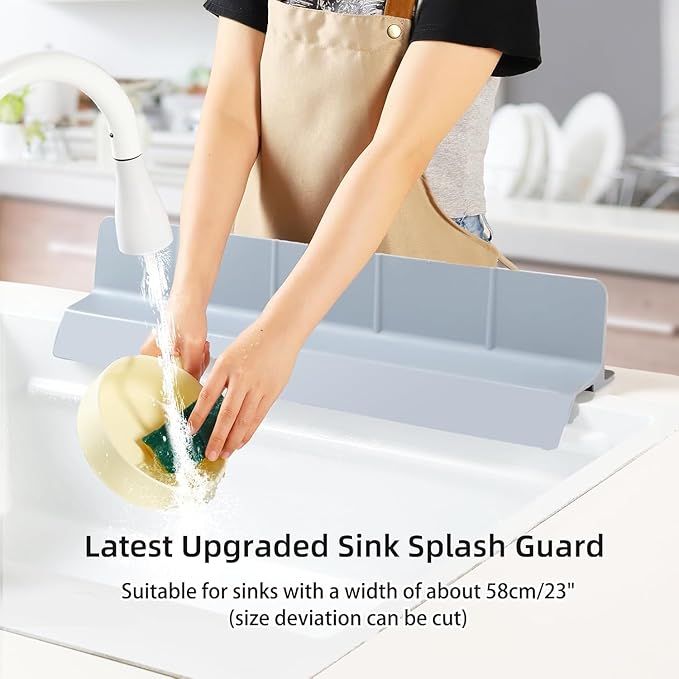23" Ultra Silicone Sink Splash Guard Released in 2025/Dec,Self-Draining Water Splash Guard for Kitchen Sink,Bathroom and Island,with 3.5" High Splash Guard & 7 Strong Suction Cup (Grey)