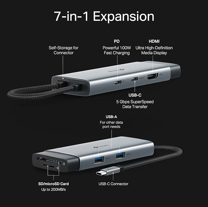 TP-Link USB C Hub 7-in-1 Multiport Adapter (UH7020C) | 4K@60Hz HDMI, SD & microSD, 100W Power Delivery, 1×USB-C, 2×USB-A Ports | 5Gbps High-Speed Dongle | Compatible w/MacBook and More | Plug & Play