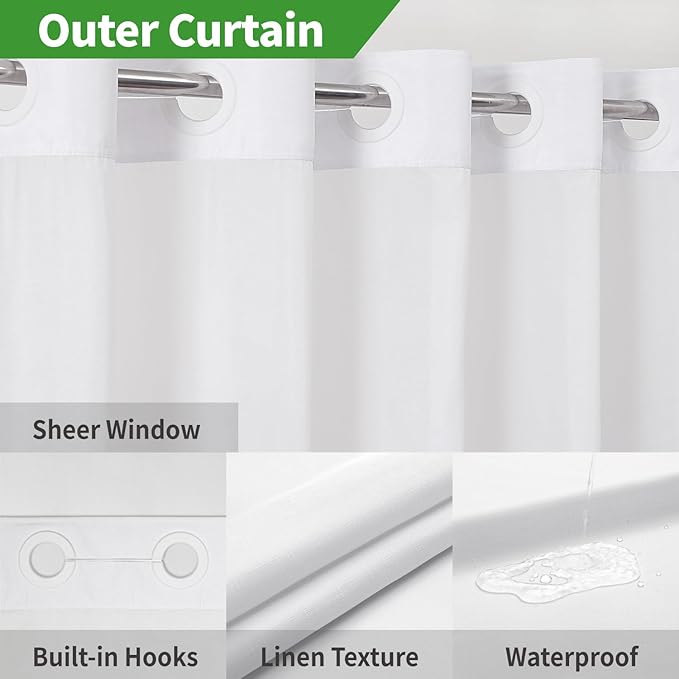 Long No Hooks Needed Linen Textured Shower Curtain with Snap-in Fabric Liner Set,White Hotel Luxury Decor Shower Curtains for Bathroom,Waterproof & Washable,71Wx80H