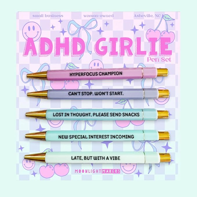 Moonlight Makers Funny Office Supplies Gift Set - ADHD Girlie Pen Set, I Made A List Notepad, Hyperfixation Zipper Pouch - Cute Stationery Sets for Women, Funny Gifts for Friends and Coworkers