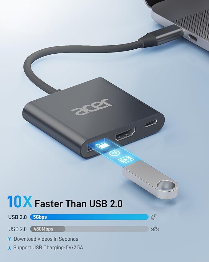 Acer USB C to HDMI Adapter, 4K USB C Hub with 100W PD, USBA 3.0 Port, HDMI to USBC Multiport Digital AV Converter for MacBook Pro/Air, iPad, Tablets, TV, Monitor and More (Black)